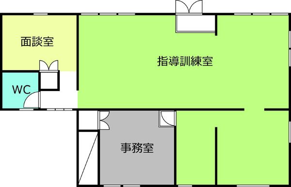 愛子の間取り。一番広い部屋が指導訓練室で、面談室・事務室があります