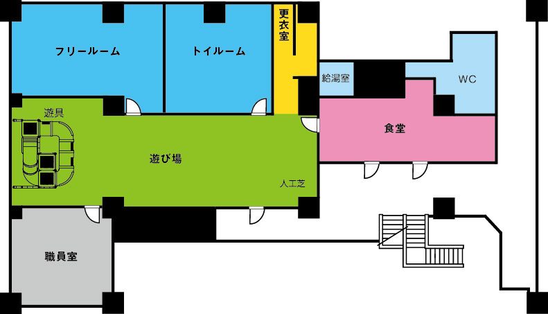 北四番丁の間取り。人工芝の遊び場に巨大遊具、職員室・食堂・フリールーム・トイルームがあります