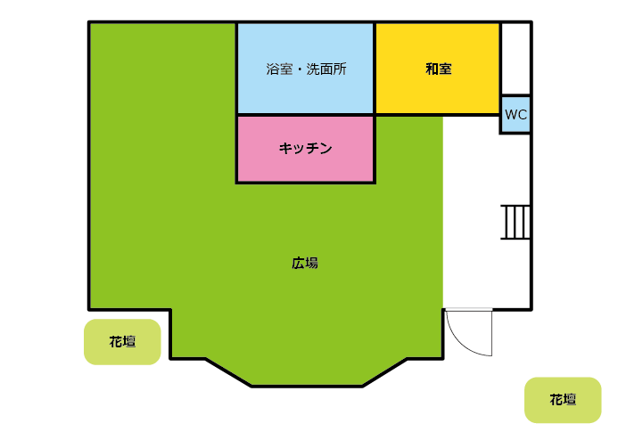 那智が丘の間取り。一番広い部屋が広場で、和室・キッチン・浴室スペースがあります。